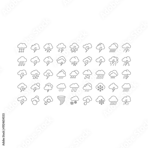 Extensive Weather Forecast Outline Icons Set with Rain, Lightning, Clouds