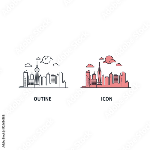 Cityscape Outline and Icon Vector Art Illustration