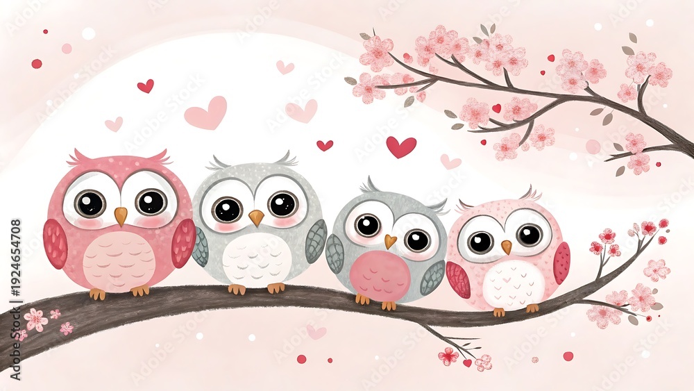 Obraz premium Five adorable cartoon owls perched on branch with pink blossoms and hearts spring illustration