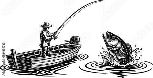 Black and white vintage woodcut illustration of a fisherman in a boat catching a large bass fish on a lake.