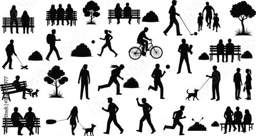 Black silhouette collection of people in park, walking dogs, sitting on benches, jogging, cycling, and family outdoor activities on white.
