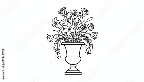 Elegant Flower Arrangement in Urn - Black and White Line Art