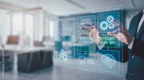 Business executive optimizing AI process automation on digital dashboard interface. Machine learning, workflow automation, efficiency report and innovation strategy concept for enterprise performance 