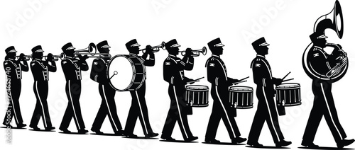 Black silhouette of a marching band parade with musicians playing trumpets, drums, and a tuba, musical performance vector isolated on white.