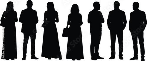 Black silhouettes of elegant men and women standing in formal attire, professional group of people in suits and long dresses, isolated.