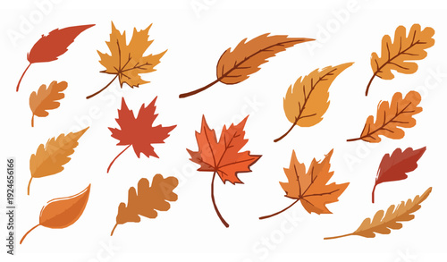 Whimsical Autumn Foliage Vector Set with Warm Colored Fall Leaves Isolated on White