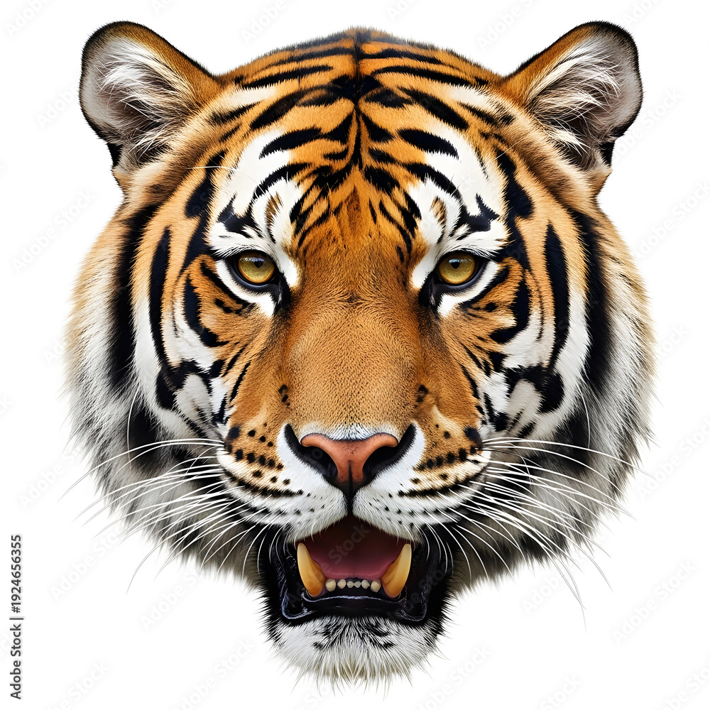 Obraz premium Fierce tiger head roaring, isolated on a white background
