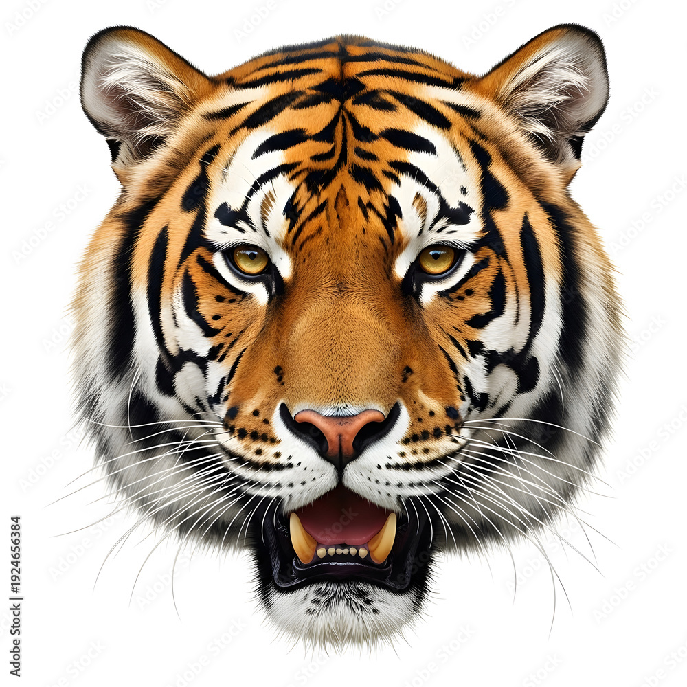 Fototapeta premium Close-up of a tiger's face, roaring fiercely, isolated on white