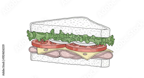Delicious Ham and Cheese Sandwich with Lettuce, Tomato, and Onion on White Bread