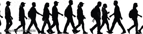 Black silhouettes of a diverse group of people walking in a line, men and women travelers with backpacks, isolated on white.