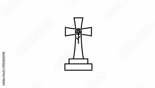 Christian Cross Gravestone with Rose Icon, Religious Symbol of Remembrance and Grief