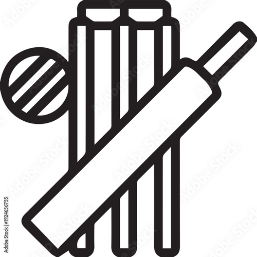 The picture shows a cricket bat, three stomps (wickets), and a cricket ball