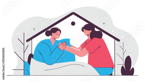 A nurse gently comforts a female patient holding hands in bed, providing compassionate care within a home setting.