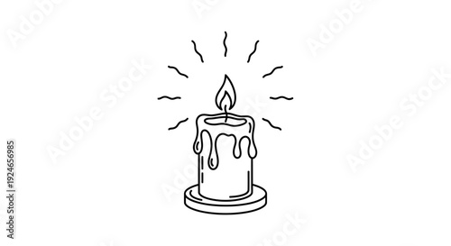 Burning Candle Line Art Icon with Light Rays, Minimalist Design