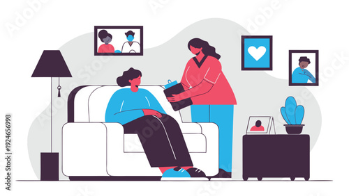 A nurse in scrubs takes notes while providing compassionate care to a female patient sitting in an armchair at home.