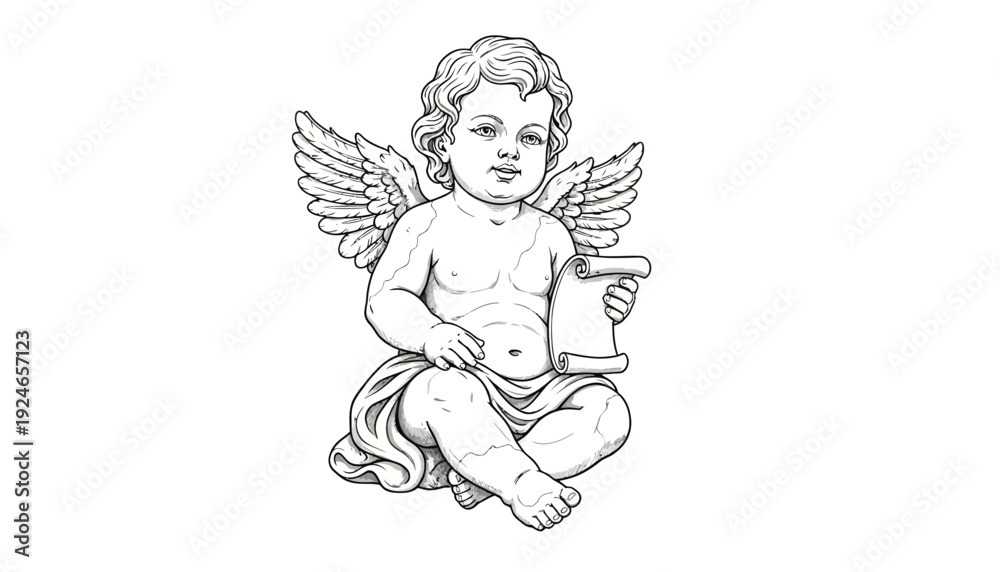 Obraz premium Cherub Angel Holding Scroll, Vintage Drawing, Classical Sculpture Detail, White Background