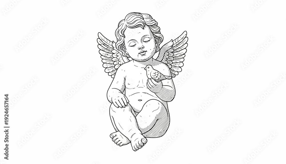 Fototapeta premium Cherubic Angel Holding a Bird, Vintage Illustration