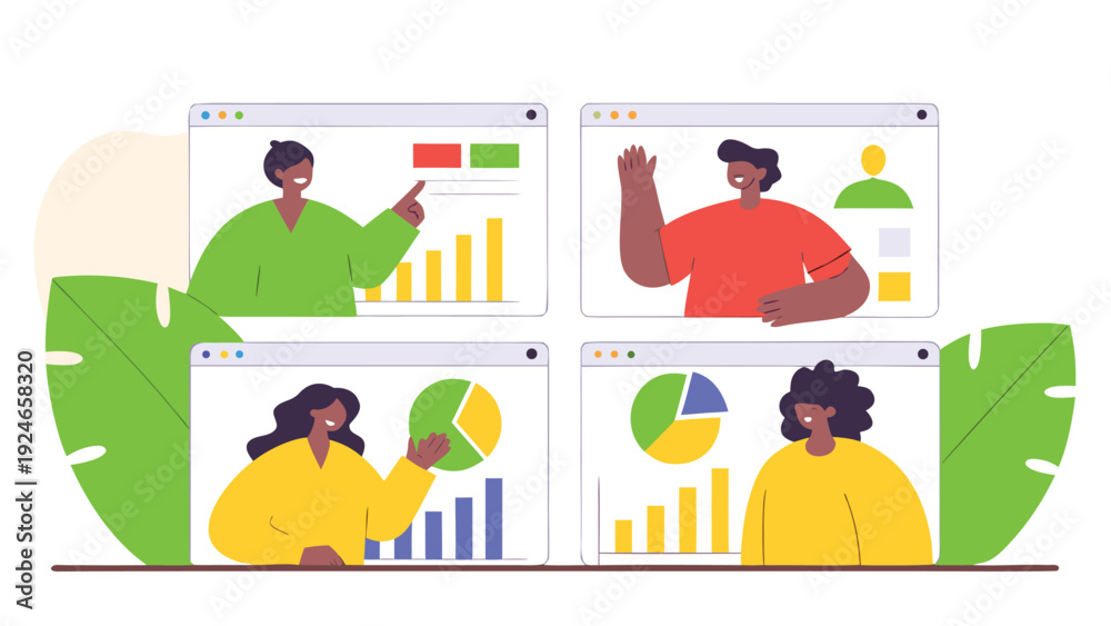Fototapeta premium Diverse business people conduct online analytics meetings, presenting charts and graphs in separate video call windows.