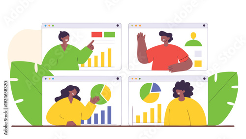 Diverse business people conduct online analytics meetings, presenting charts and graphs in separate video call windows.
