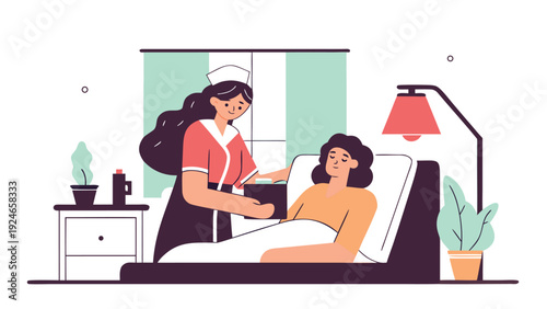 A nurse in a uniform provides compassionate care, offering medication or a drink to a female patient resting in bed at home.