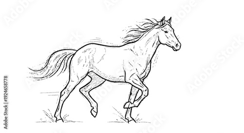Running Horse Illustration Black White Line Art.