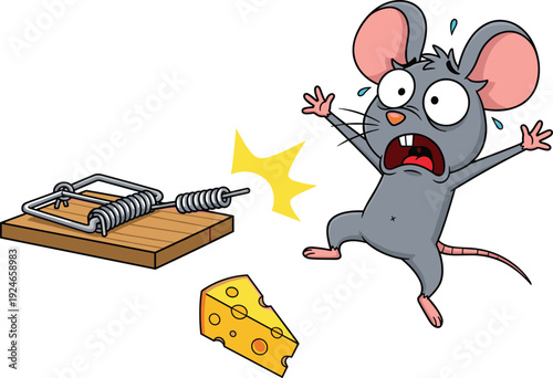 Scared Grey Mouse Cartoon Character Jumping in Panic Away from Snapping Mousetrap with Cheese Illustrating Fear Stress and Pest Control