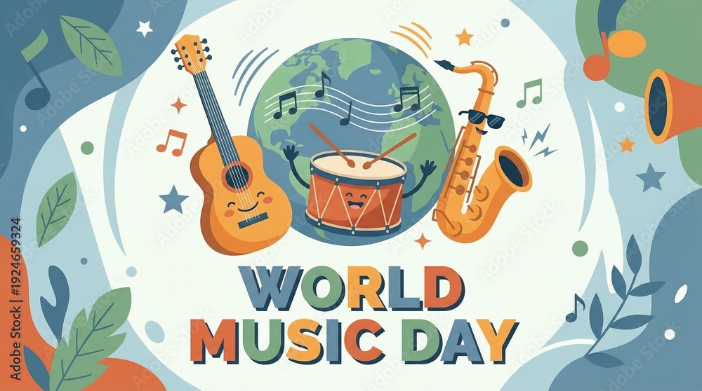 Fototapeta premium World Music Day Celebration Background with Colorful Musical Instruments Concept