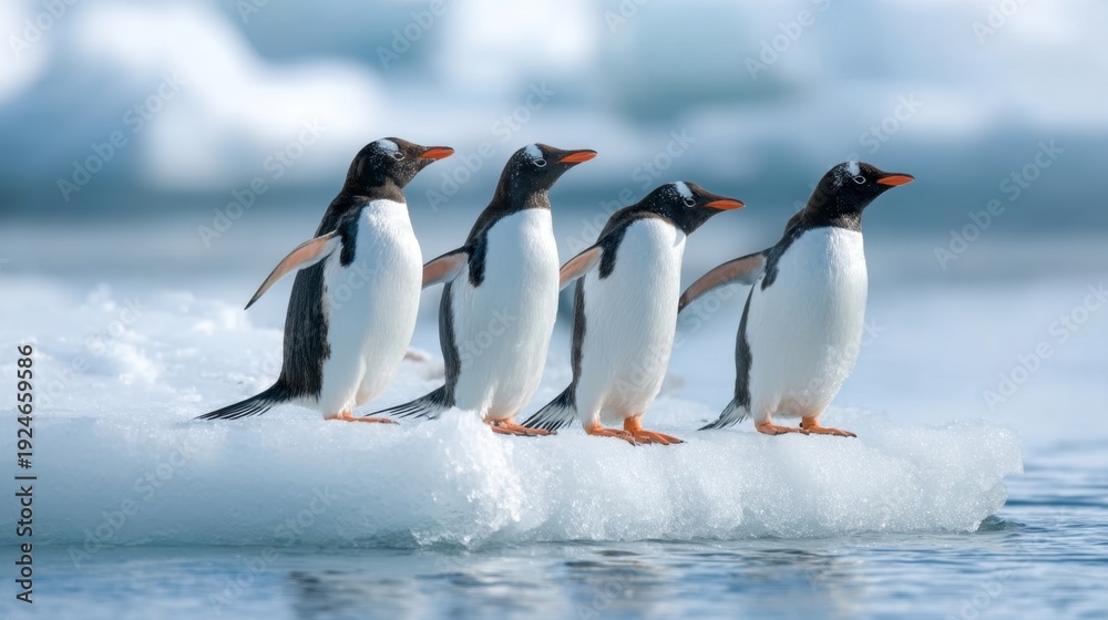 Fototapeta premium A Group of Penguins Standing in a Line on an Ice Floe in a Remarkable Arctic Landscape