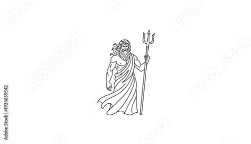 Ancient Greek God Poseidon with Trident, Line Art Illustration