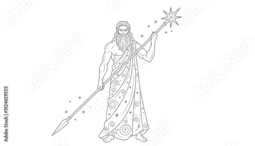 Ancient Greek God Zeus Holding Star Staff, Mythological Figure Line Art