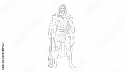 Ancient Greek Hero Hercules with Club and Nemean Lion Skin, Line Art