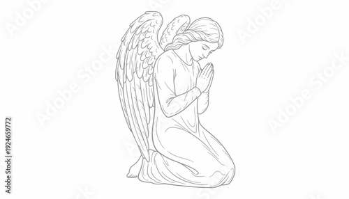 Angel Kneeling in Prayer, Serene Religious Figure with Wings, Hopeful and Peaceful