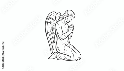 Angel Praying Kneeling with Wings Folded, Religious Symbol, Hope, Faith, Serenity
