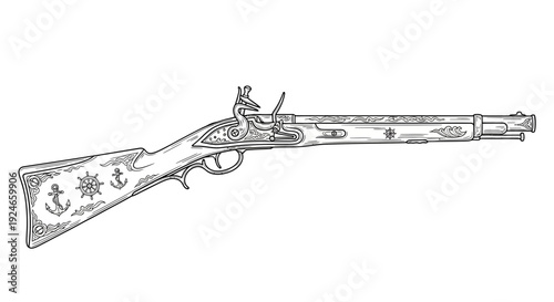 Antique Flintlock Rifle with Nautical Engravings on Stock