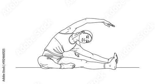 Woman doing yoga side bend stretch, seated Janu Sirsasana pose, line art illustration
