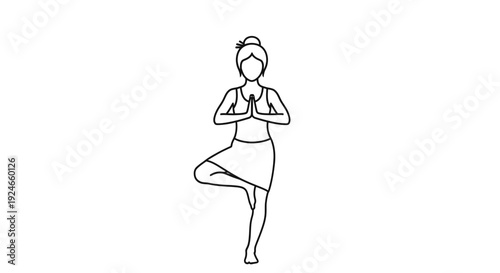 Woman in Tree Pose Yoga, Balance, Meditation, Healthy Lifestyle, Black and White Line Art