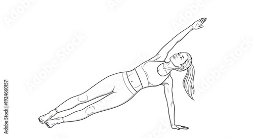 Woman Performing Side Plank Exercise with Raised Arm, Fitness and Yoga Pose Illustration