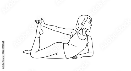 Woman practicing Dhanurasana yoga pose, line drawing, healthy lifestyle, fitness