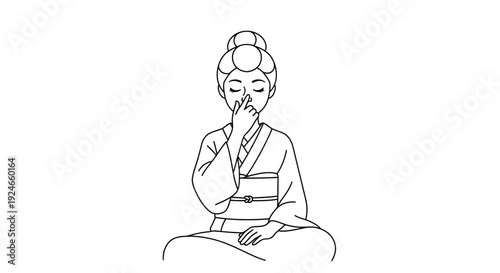 Woman practicing alternate nostril breathing (Nadi Shodhana) in traditional Japanese attire