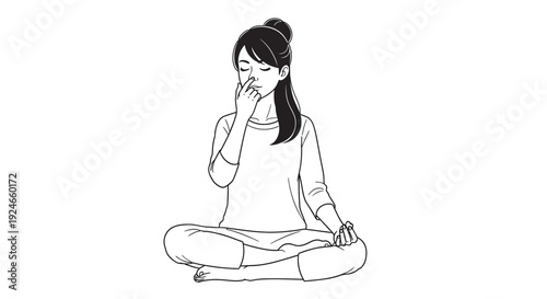 Woman practicing alternate nostril breathing (Nadi Shodhana) in lotus pose, meditation, yoga, wellness