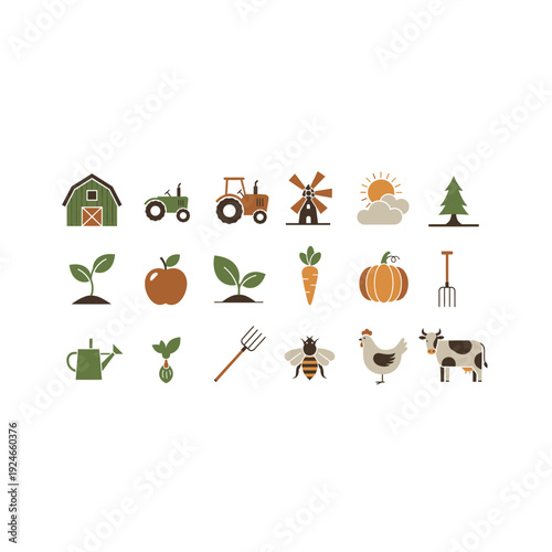 Farming and Agriculture Pixel Icons: Tractor, Barn, Animals, and Crops