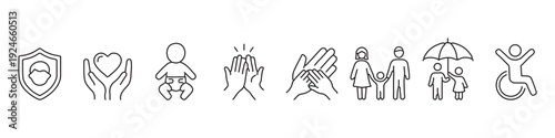Family care, health protection and disability support line icon set – editable outline symbols of shield, heart, baby, prayer, family, umbrella and wheelchair