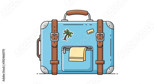 Vintage Blue Suitcase with Leather Straps and Travel Stickers, Ready for Vacation