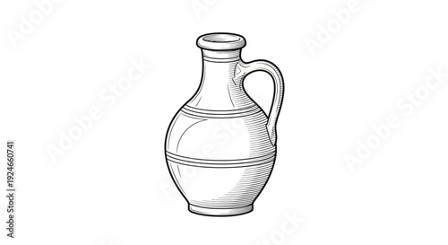Vintage Ceramic Jug with Handle and Decorative Lines, Hand-Drawn Sketch