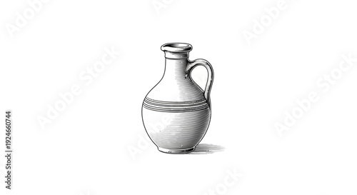 Vintage Ceramic Jug with Handle and Water Line Drawing Sketch