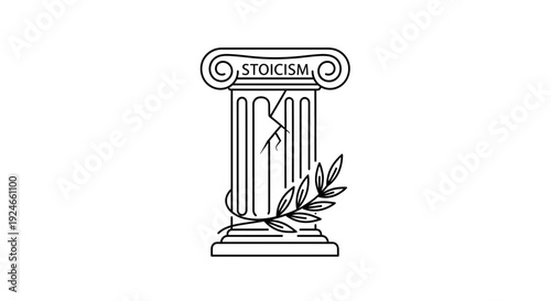 Stoicism cracked column with laurel wreath, ancient philosophy, resilience, strength, wisdom