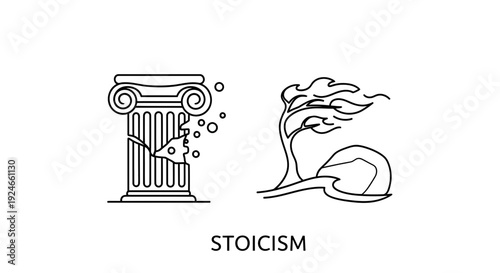 Stoicism Philosophy: Broken Column and Tree in Wind Symbolizing Resilience and Inner Peace