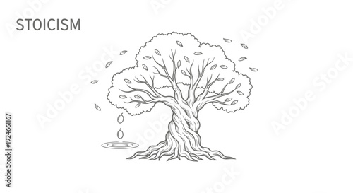 Stoicism philosophy concept: resilient tree weathering autumn wind, symbolic of inner strength and acceptance