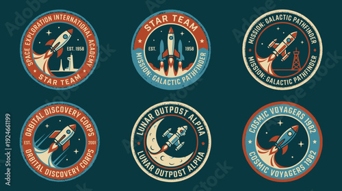 Vintage Space Exploration Badges Collection: Retro Rocket Emblems for Galactic Missions & Adventure Design