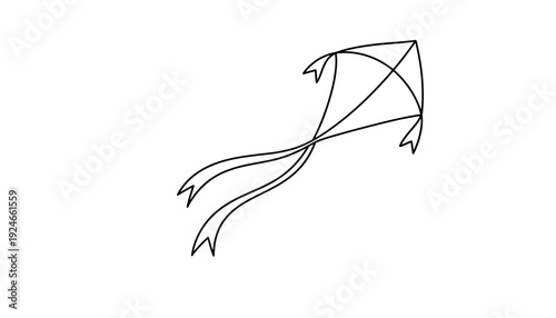 Simple Line Drawing of a Kite with Flowing Ribbons on White Background